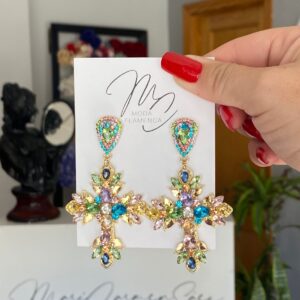 Pendientes de cruz mini de cristales de flamenca multicolor