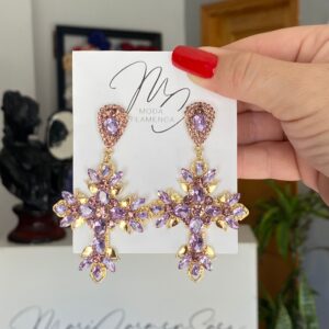 Pendientes de cruz mini de cristales de flamenca lilas