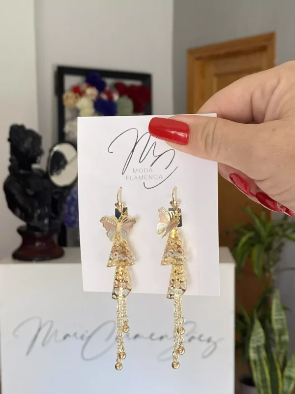 Pendientes de flamenca dorados de mariposa largos
